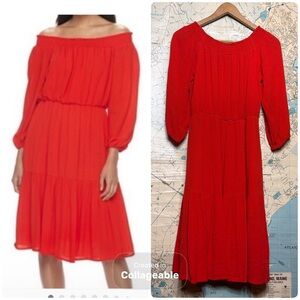 Hope & Harlow Bright Red 3/4 Sleeve Off Shoulder Dress with Tiered Skirt